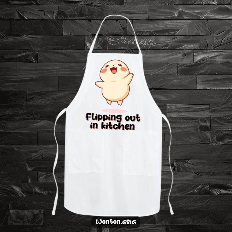 Funny wonton apron featuring a happy dumpling with tiny legs doing cartwheels while cooking, bringing humor to the kitchen.