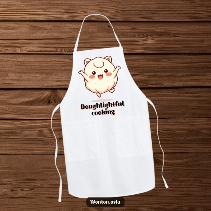 Funny wonton character with small, round eyes joyfully leaping, depicted on a humorous kitchen apron.