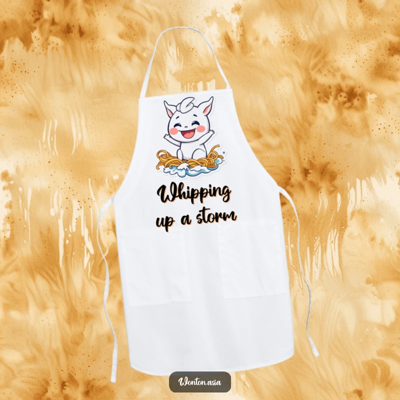 Funny wonton apron featuring a playful dumpling with a wide grin surfing a noodle wave, adding food-themed humor to cooking tasks.