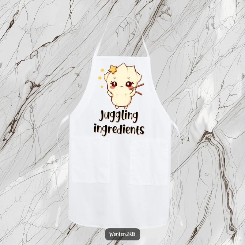 Funny Apron: Wonton character with starry eyes, playfully juggling chopsticks; a humorous and practical kitchen accessory.