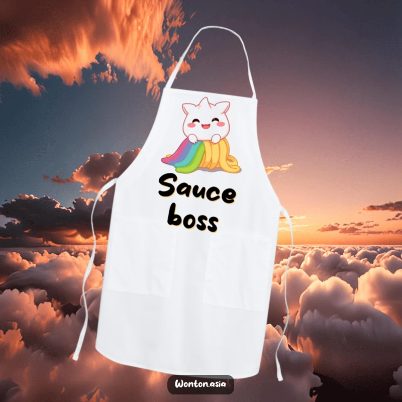 Funny Apron: Cheerful wonton character with a wide smile, sliding down a vibrant rainbow noodle; kitchen fun and practical.
