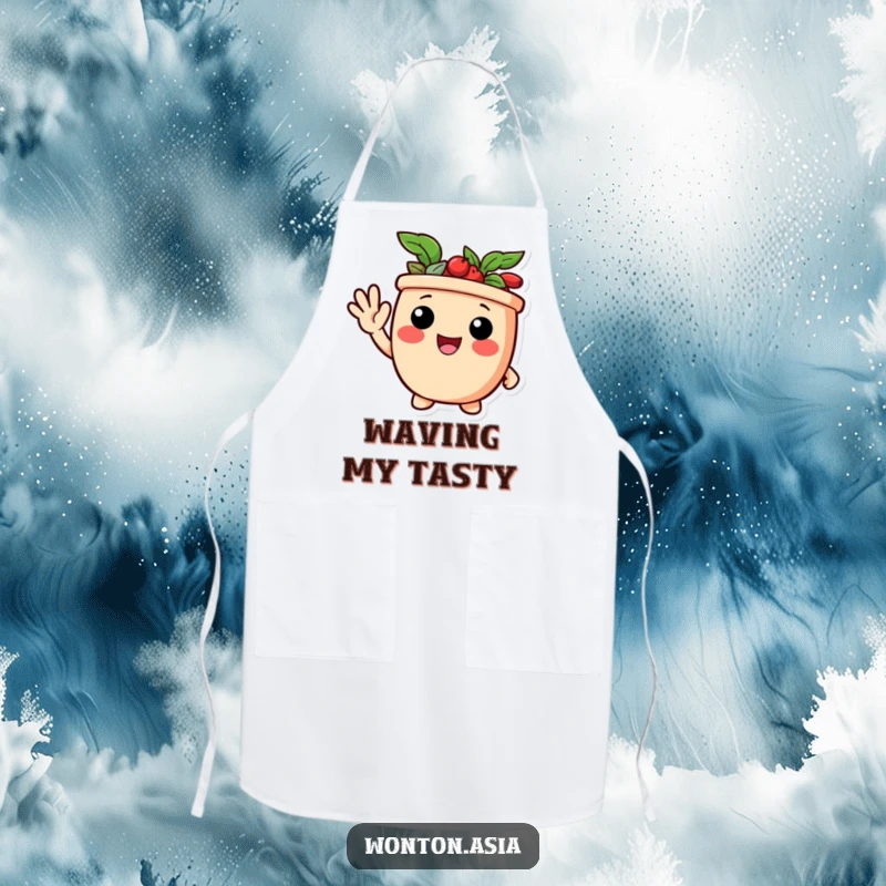 Funny apron showcasing a delighted potsticker character giving a friendly wave, adding humor and hospitality to cooking.