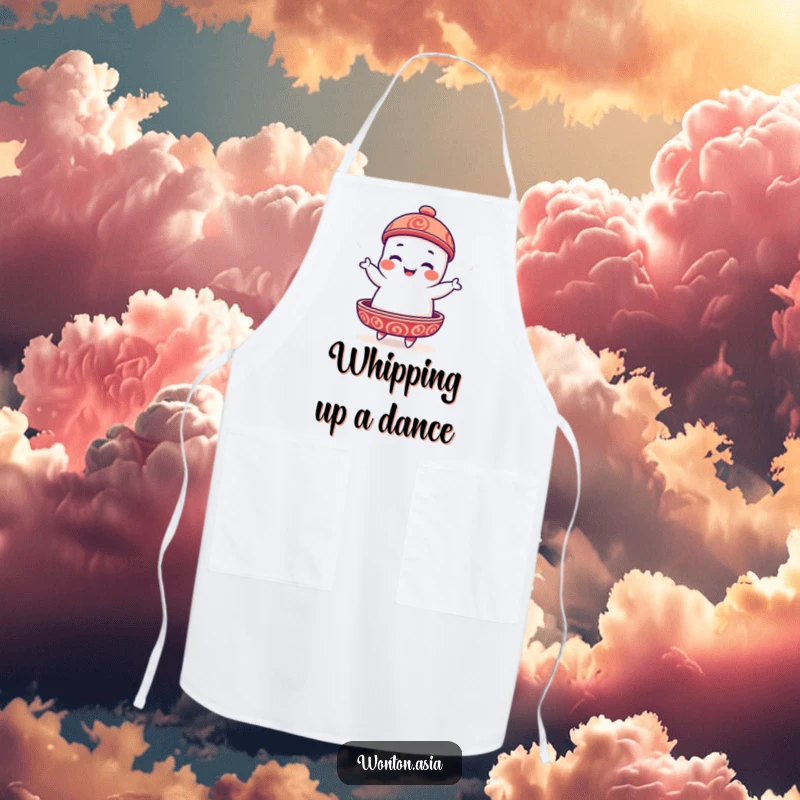 Funny Dim Sum Platter Apron for cooks, showcasing a playful dim sum character doing a silly jig with culinary flair.