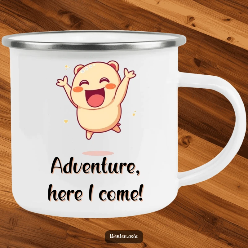 Funny Char Siu Bao Camping Mug showing an excited, leaping dumpling ready for campfire stories and outdoor fun.