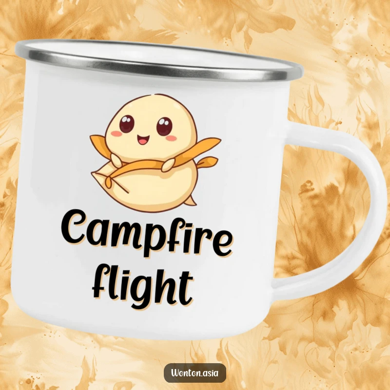 Funny Camping Mug: Wonton with wide, happy eyes, riding a flying dumpling wrapper; durable and amusing for outdoor use.