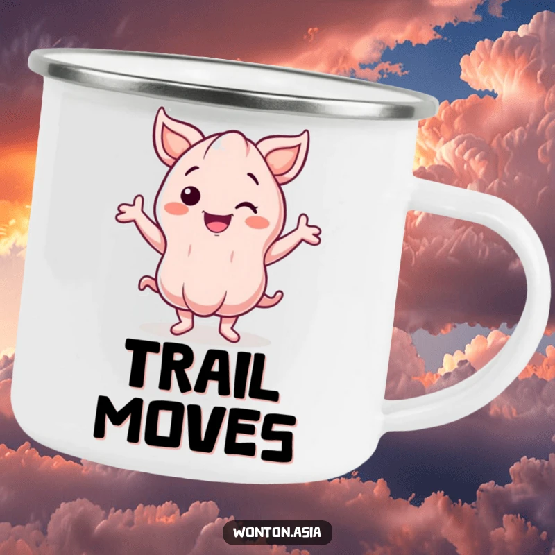 Funny Camping Mug: Smiling wonton character with energetic, wavy arms dancing; durable and amusing for outdoor use.