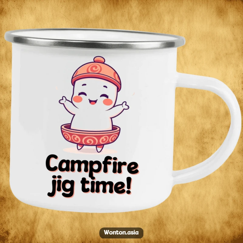 Funny Dim Sum Platter Camping Mug with a playful dim sum character doing a silly jig, perfect for outdoor fun.