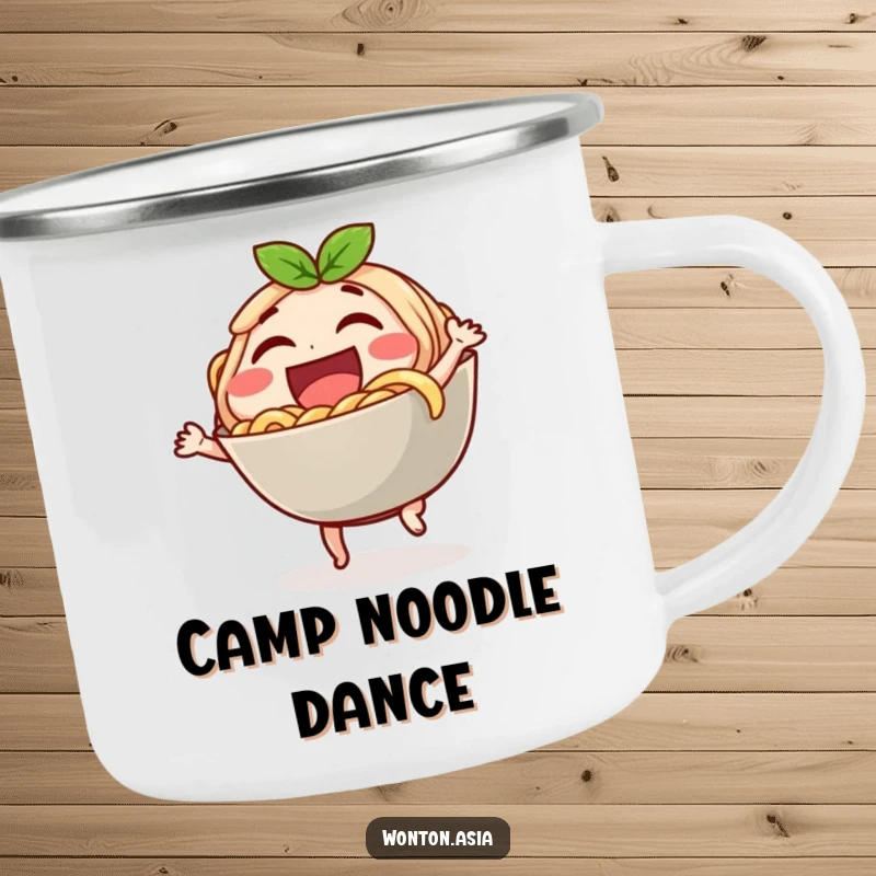 Funny camping mug featuring a laughing noodle bowl character doing a little dance, perfect for outdoor meals and fun.