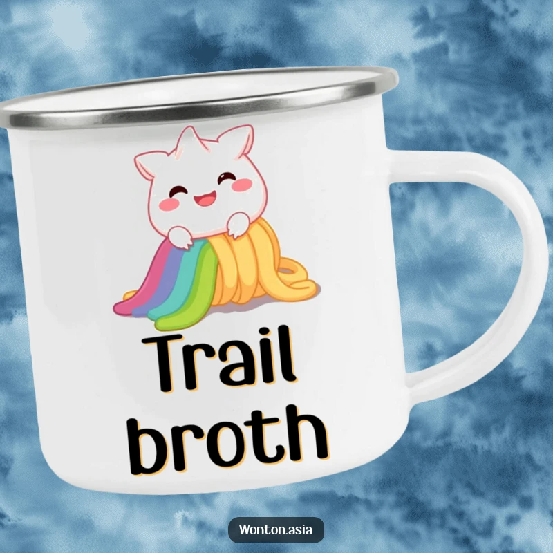 Funny Camping Mug: Cheerful wonton character with a wide smile, sliding down a vibrant rainbow noodle; durable and amusing for outdoors.