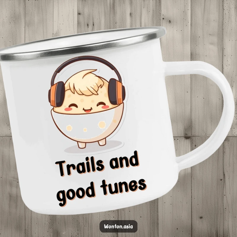 Funny Congee Bowl Camping Mug depicting a happy character with headphones, perfect for enjoying music by the campfire.