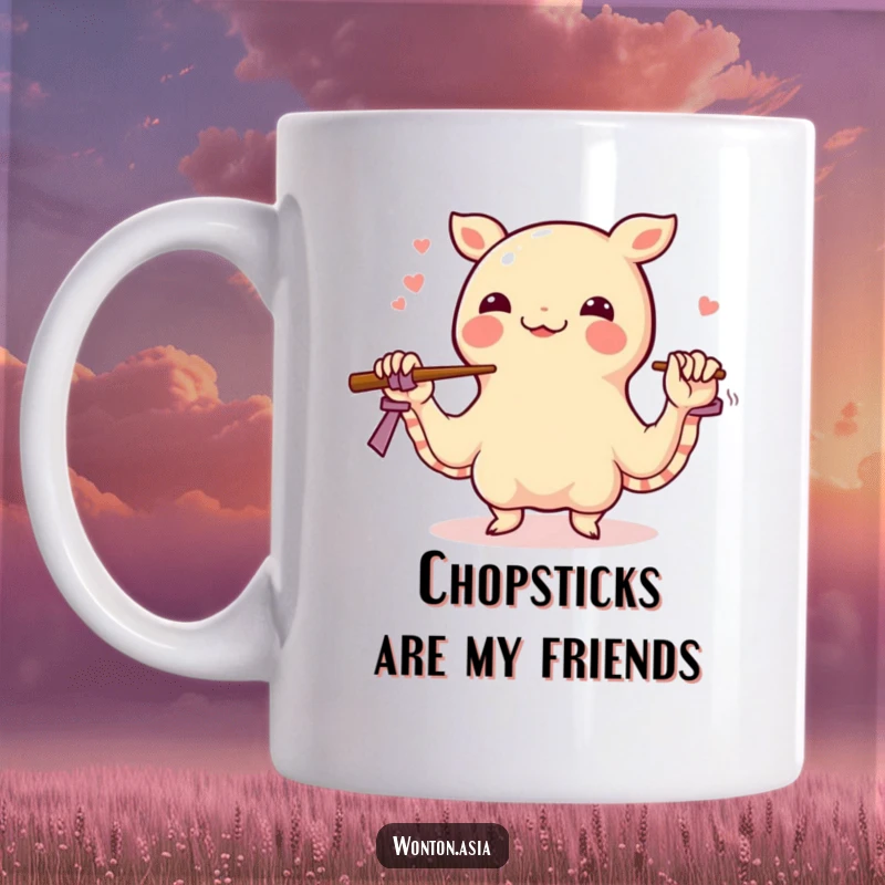 Funny wonton mug featuring a happy dumpling skillfully juggling chopsticks with its wrapper-like tentacles, a delightful display of food-themed fun.