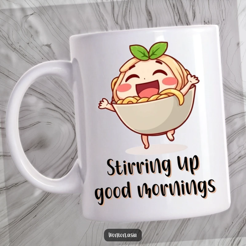 Funny mug featuring a laughing noodle bowl character doing a little dance, radiating happiness and culinary fun.