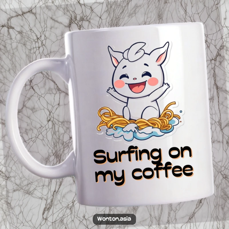Funny wonton mug featuring a playful dumpling with a wide grin joyfully riding a cresting wave made of noodles, a delightful food adventure.