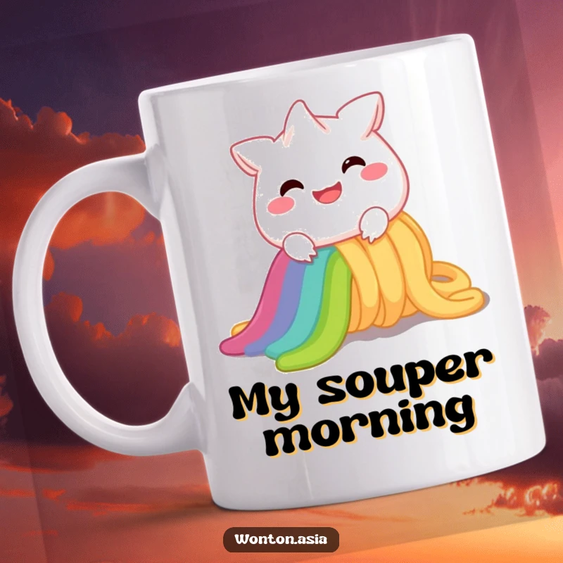 Funny Wonton Mug: Cheerful wonton character with a wide smile joyfully sliding down a vibrant rainbow noodle, bringing pure delight.