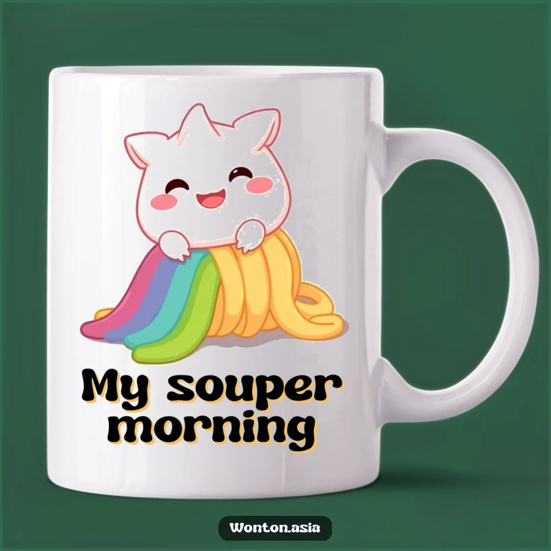 Funny Rainbow Noodle Wonton Mug: A Cheerful Wonton's Slippery Ride, Perfect Gift!