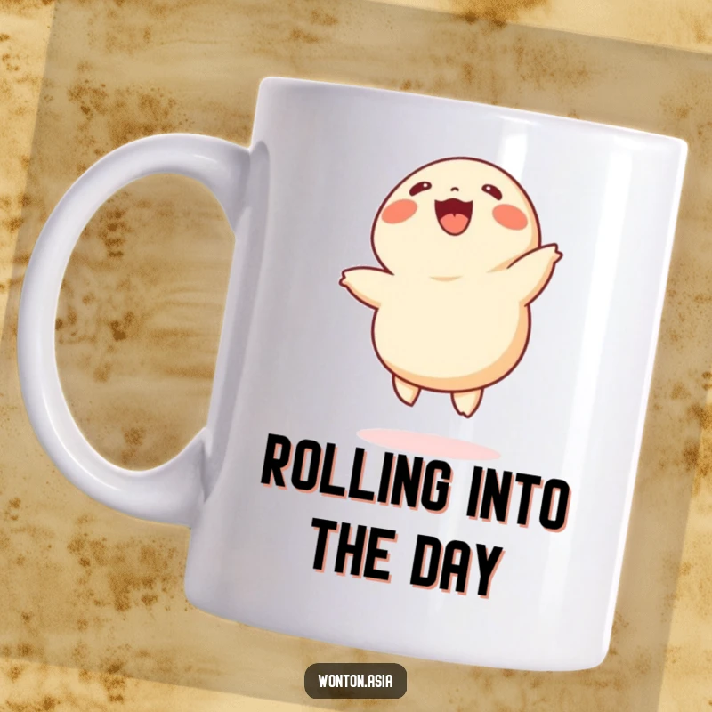 Funny wonton mug featuring a super cheerful dumpling with tiny legs doing energetic cartwheels, bringing joy and humor to your drink.