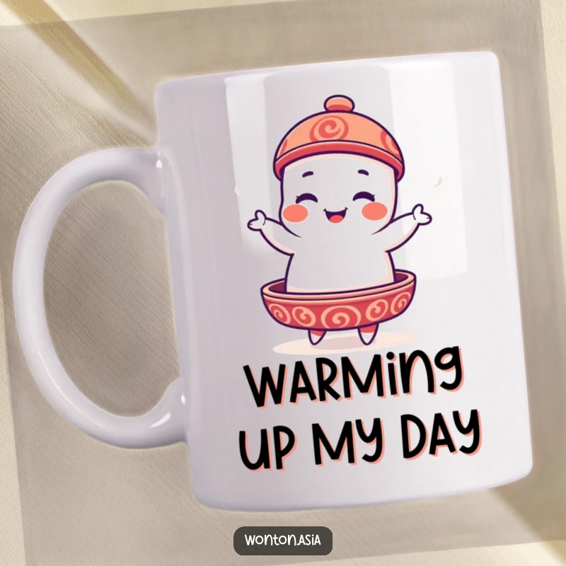 Funny Dim Sum Platter Mug with a playful character doing a silly jig, celebrating delicious food.