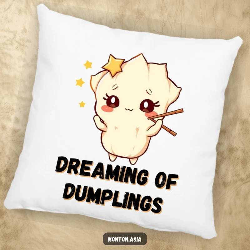 Funny Pillow: Wonton character with starry eyes, playfully juggling chopsticks; soft, comfortable, and hilariously amusing.