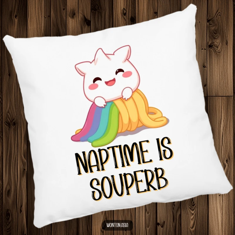 Funny Pillow: A cheerful wonton character with a wide smile, relaxing after sliding down a bright rainbow noodle; soft and amusing.