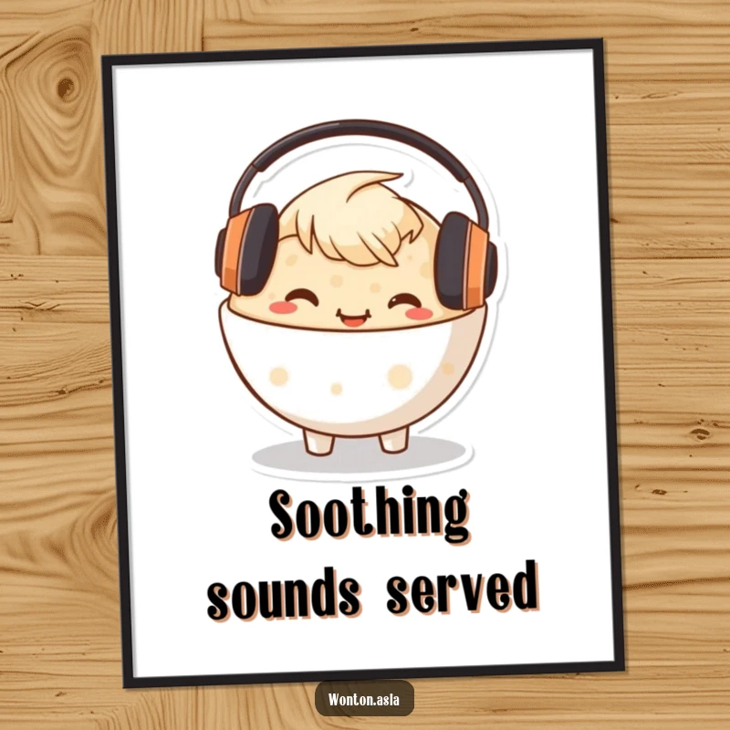Funny Congee Bowl Digital Art Print of a happy character with headphones, creating a mellow and musical atmosphere.