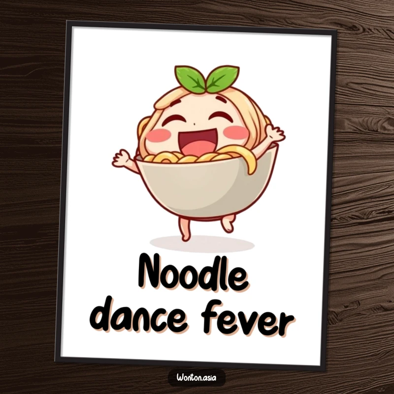Funny digital art print of a laughing noodle bowl character doing a little dance, a cheerful and humorous food art.