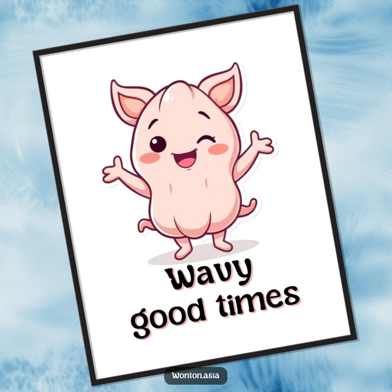 Funny Digital Art Print: Smiling wonton character with energetic, wavy arms dancing; vibrant and humorous wall art.