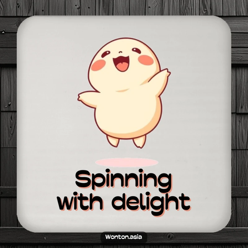 Funny wonton coasters showing a cheerful dumpling with tiny legs doing cartwheels, protecting surfaces with a humorous and cute design.