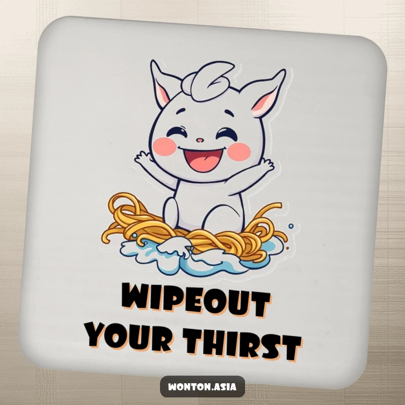 Funny wonton coasters showing a playful dumpling with a wide grin riding a noodle wave, protecting surfaces with a humorous food-themed design.