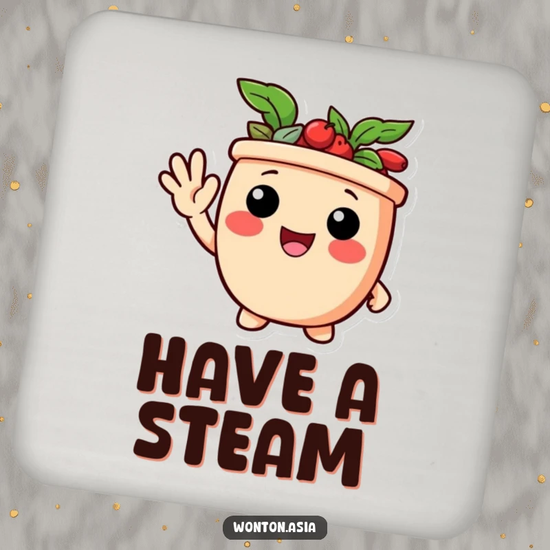 Funny coaster featuring a delighted potsticker character giving a friendly wave, protecting surfaces with charm.