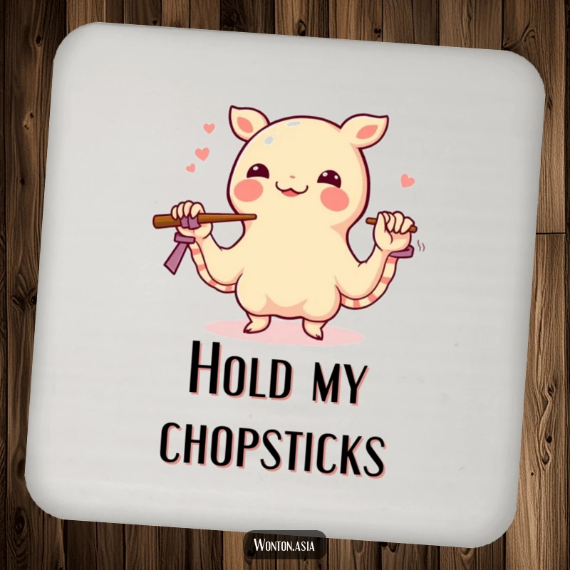 Funny wonton coasters showing a happy dumpling juggling chopsticks with its wrapper tentacles, protecting surfaces with a humorous food-themed design.