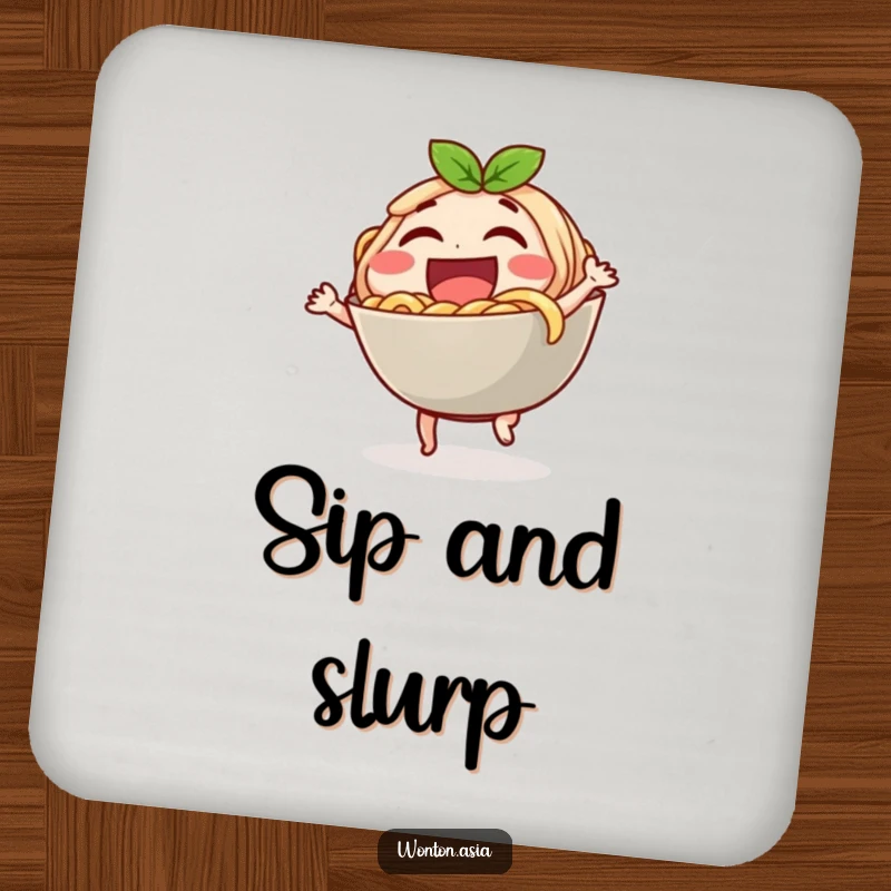 Funny coaster featuring a laughing noodle bowl character doing a little dance, protecting surfaces with culinary cheer.
