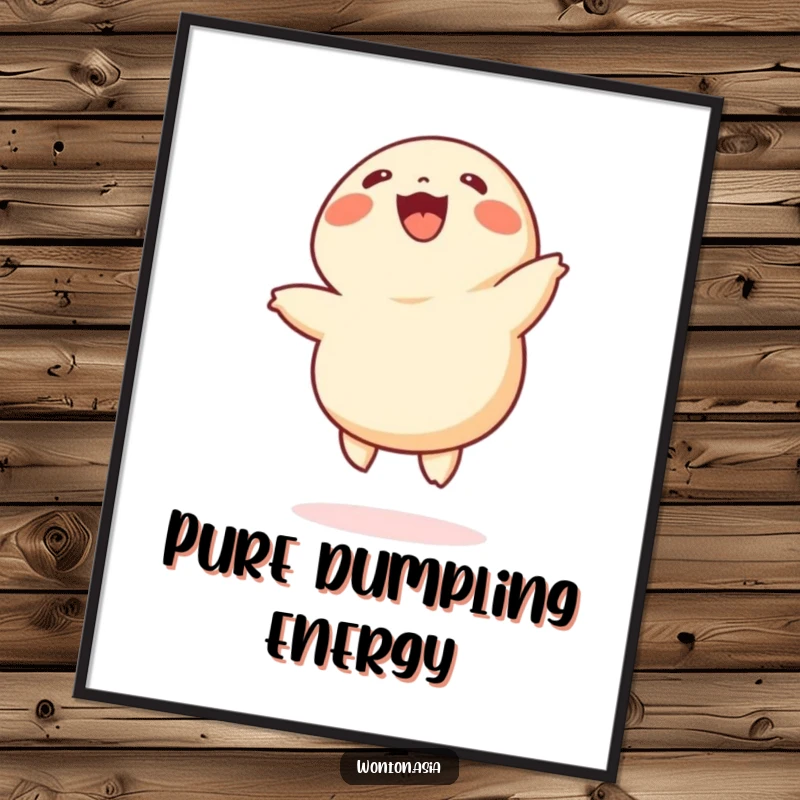 Funny wonton poster featuring a joyful dumpling with tiny legs performing cartwheels, a whimsical piece of art that radiates happiness.