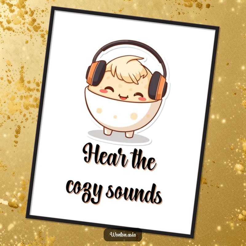 Funny Congee Bowl Poster featuring a happy character with headphones, creating a peaceful and musical ambiance.