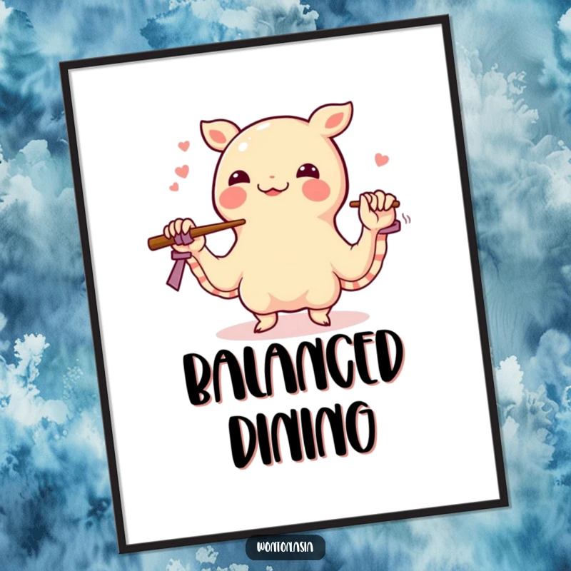 Funny wonton poster featuring a happy dumpling skillfully juggling chopsticks with its wrapper tentacles, a whimsical and eye-catching piece.