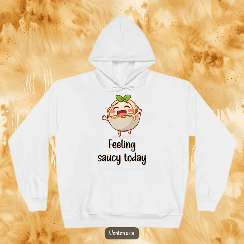 Funny hoodie featuring a laughing noodle bowl character doing a small dance, offering cozy comfort and humorous style.