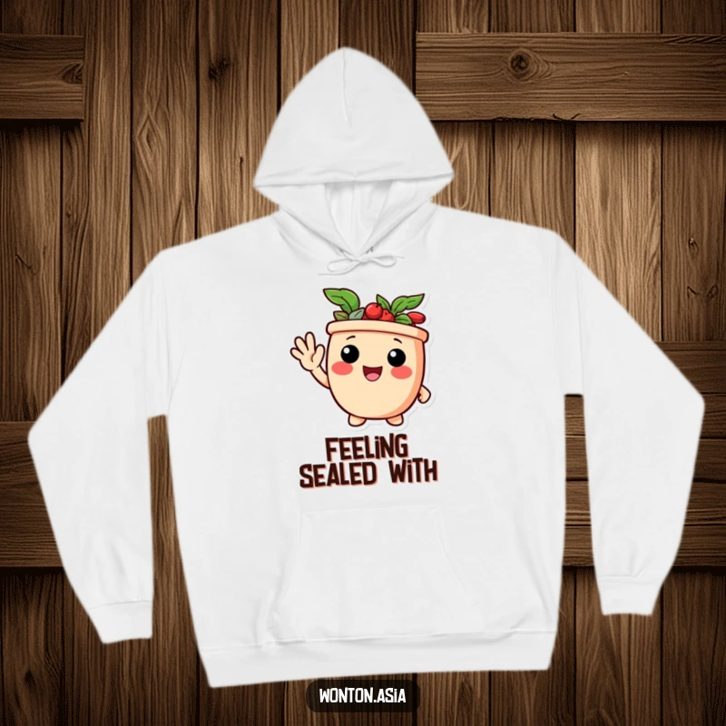 Funny hoodie featuring a delighted potsticker character giving a friendly wave, offering cozy comfort and a warm greeting.