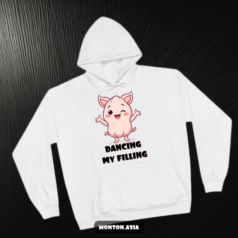 Funny Hoodie: Smiling wonton character with energetic, wavy arms dancing with great flair; cozy and full of fun.