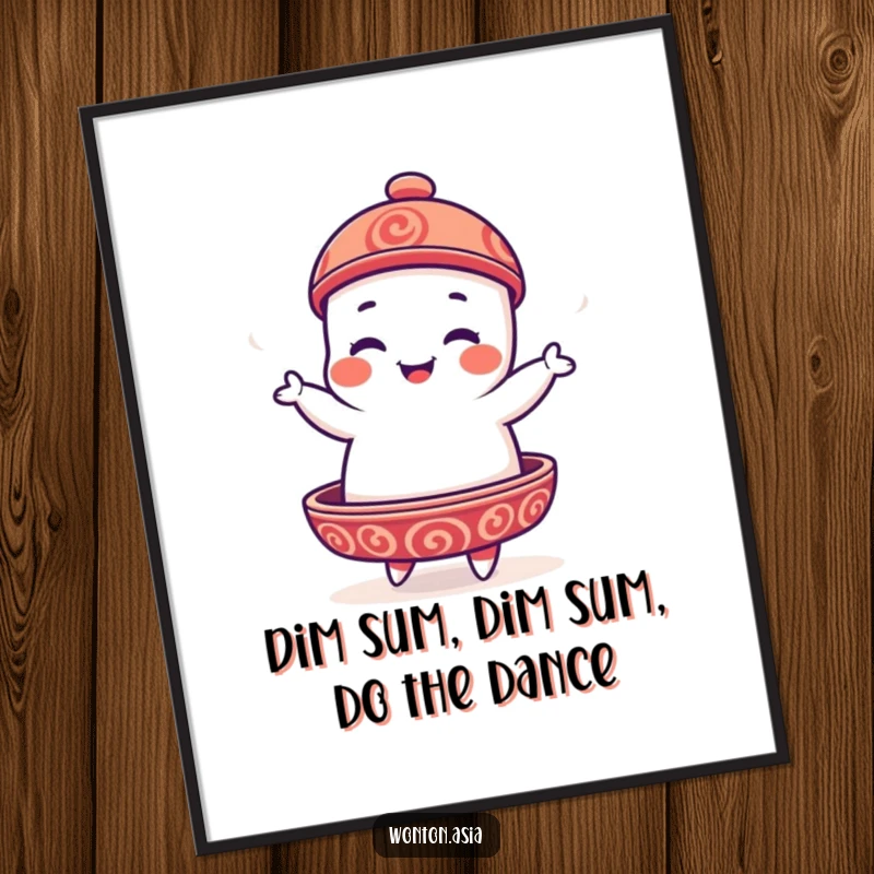 Funny Free Printable Dim Sum Wall Art: A dim sum platter character with various dumplings doing a silly, energetic jig.