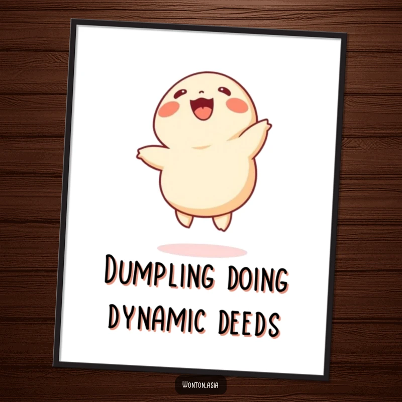 Funny Free Printable Wall Art showcasing a cheerful wonton who is joyfully doing cartwheels on its tiny legs, full of energy.