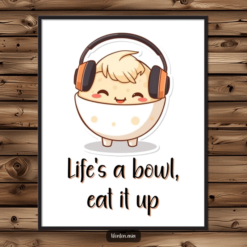 Funny Free Printable Congee Wall Art: A happy congee bowl character wearing small headphones, looking cool and relaxed.