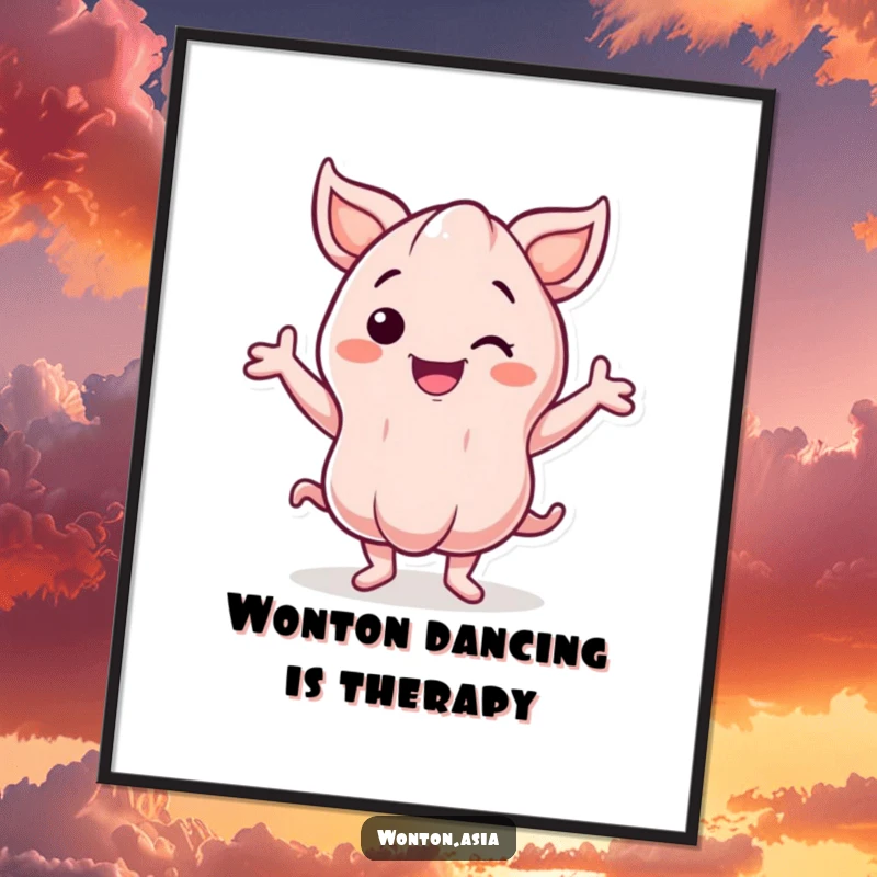 Funny free printable wall art of a smiling wonton character dancing with wild, wavy arms, full of infectious energy and joy.