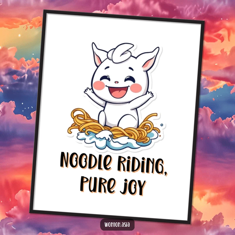 Funny Free Printable Wall Art showing a happy wonton with a huge grin, confidently riding a massive noodle wave with style.
