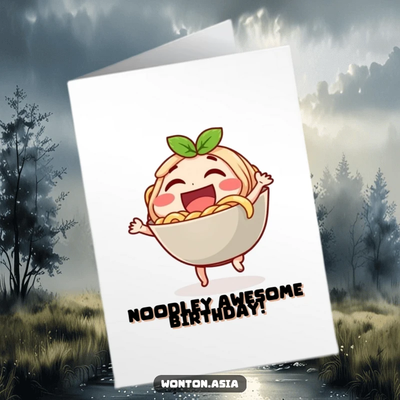 Funny Free Printable Birthday Card: A smiling noodle bowl character, mid-dance, radiating laughter and birthday cheer.