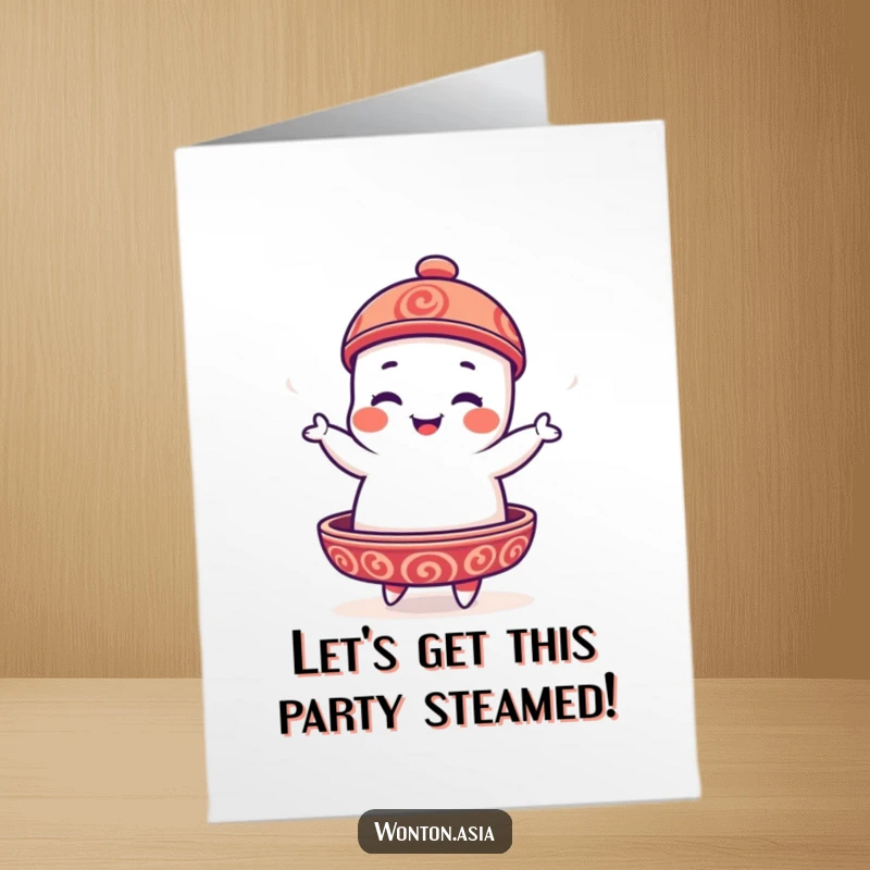 Funny Free Printable Dim Sum Birthday Card: Playful dim sum platter character doing a lively, silly jig with enthusiasm.