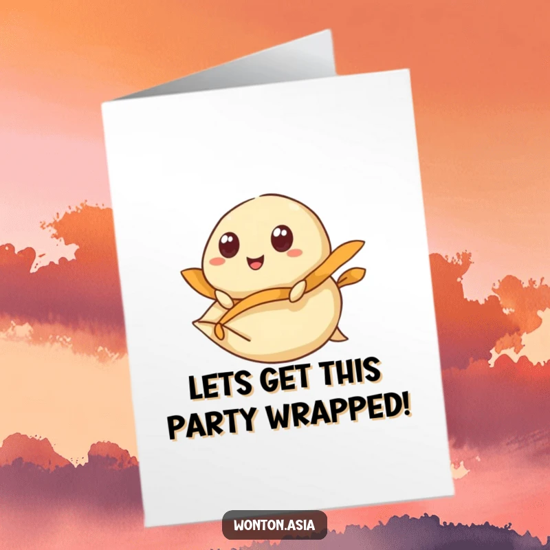 Funny free printable birthday card showing a wonton with wide, happy eyes joyfully riding a flying dumpling wrapper, soaring high.