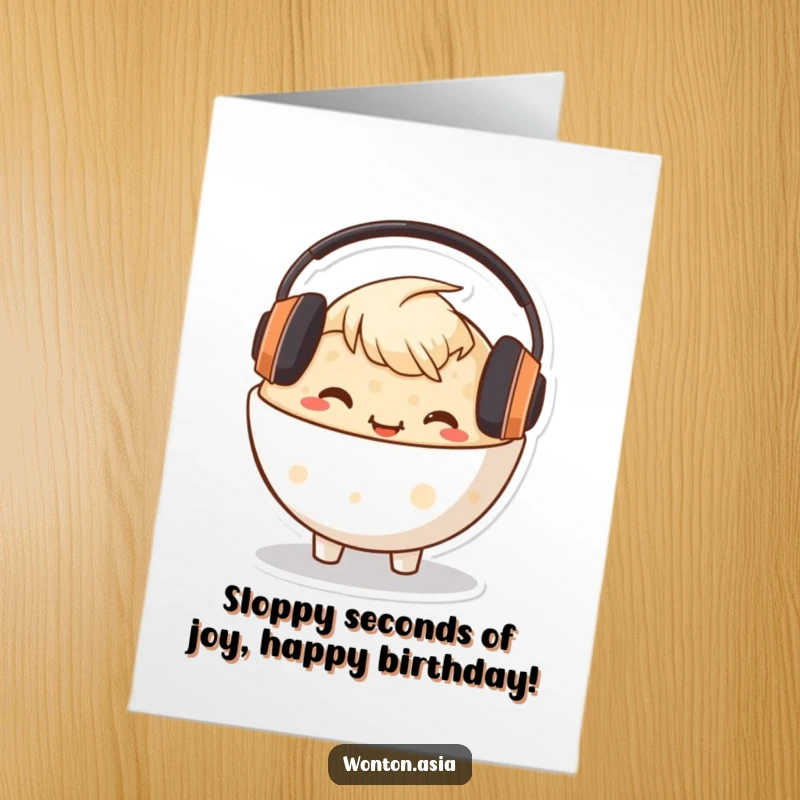 Funny Free Printable Congee Birthday Card: Happy congee bowl character wearing headphones, bopping head to the beat.