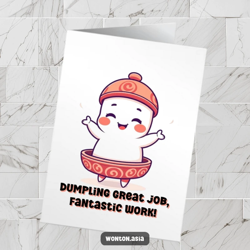 Funny Free Printable Dim Sum Congratulations Card: Playful dim sum platter character doing a happy jig to celebrate good news.