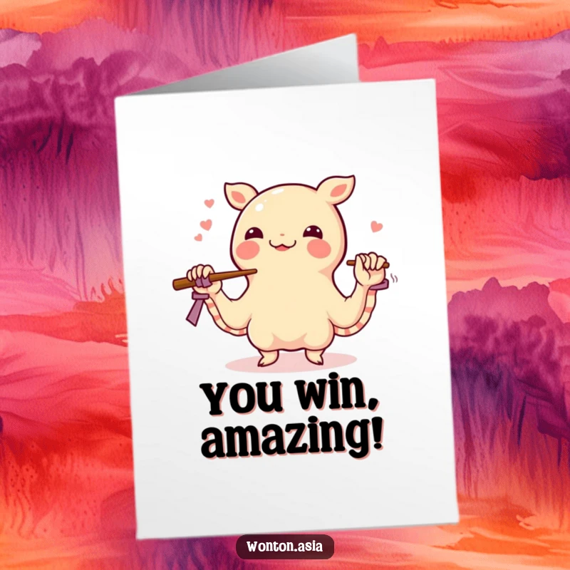 Funny Free Printable Congratulations Card: A happy wonton skillfully juggling chopsticks with tentacle-like wrappers, celebrating a cool achievement.