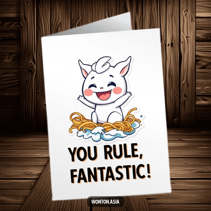 Funny Free Printable Congratulations Card: A grinning wonton joyfully rides a massive noodle wave, celebrating a triumphant moment.