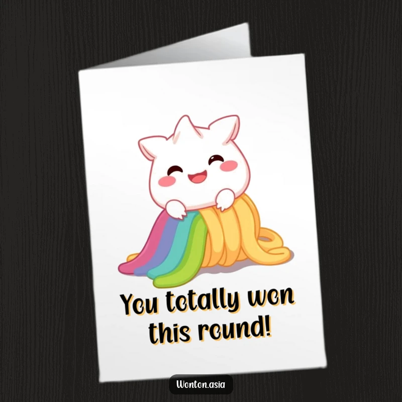 Funny free printable congratulations card showing a grinning wonton sliding down a rainbow noodle, conveying excitement and fun.